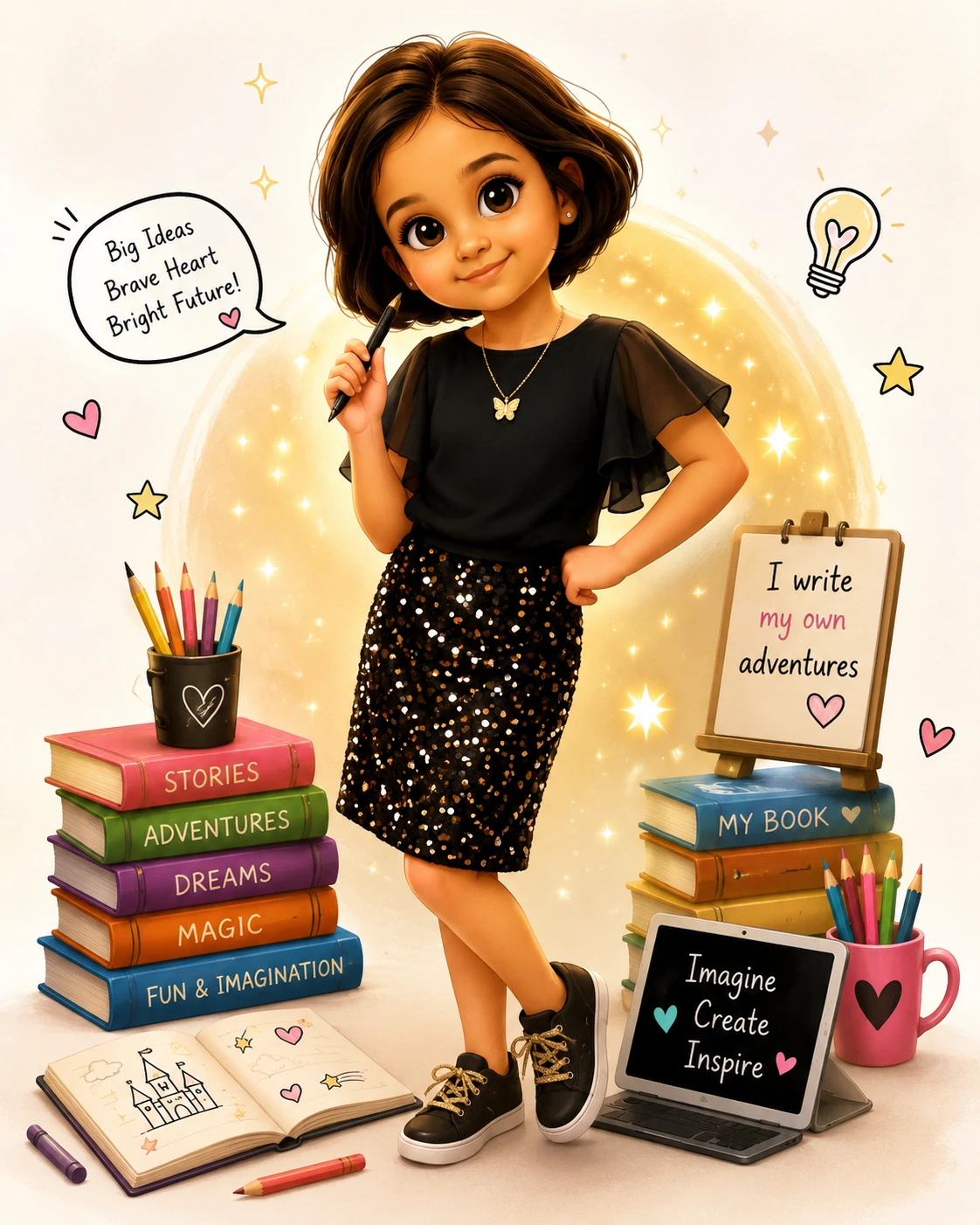 Illustration of Anvika holding a pen beside her stack of storybooks, with the words 'Big Ideas, Brave Heart, Bright Future'