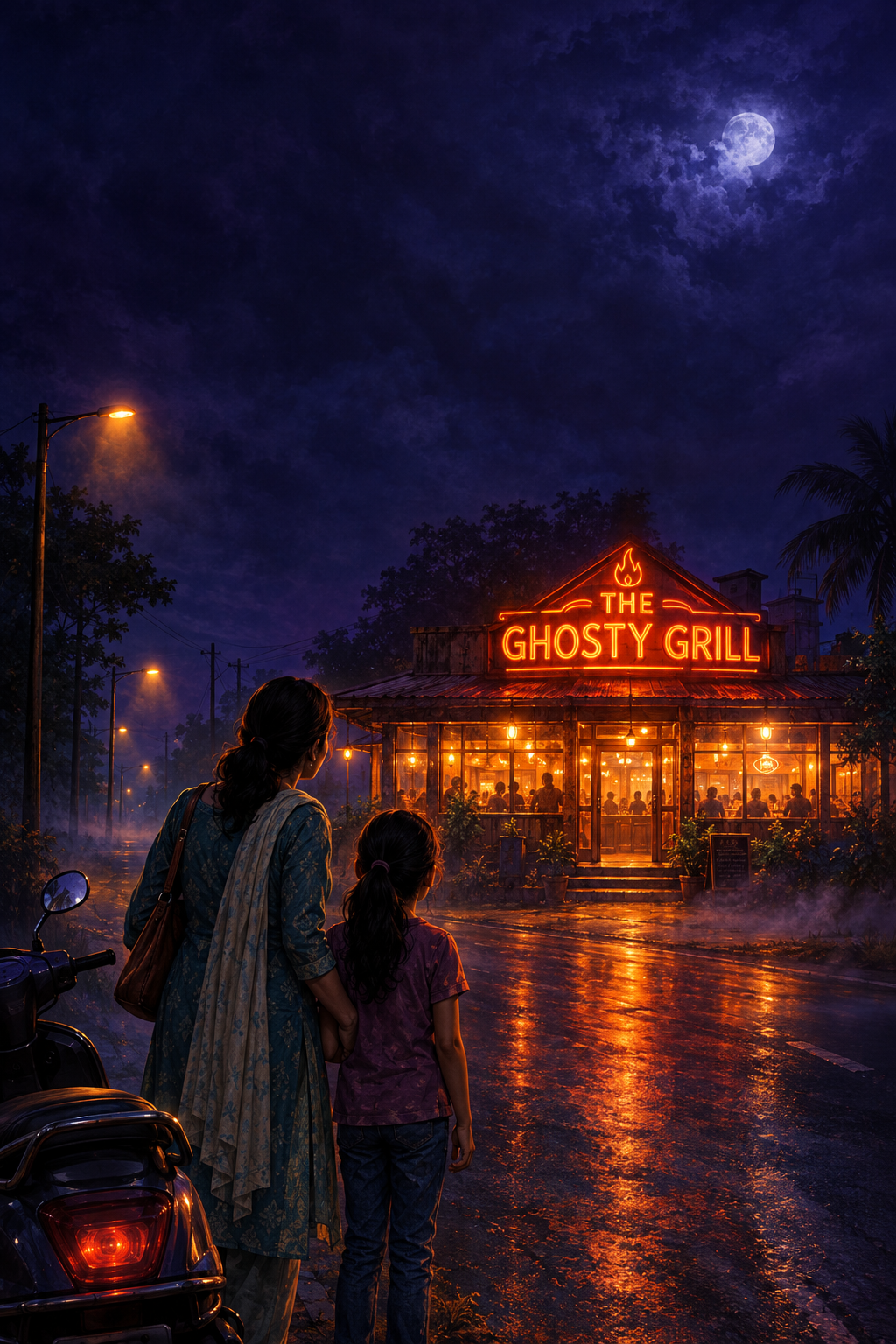 The Ghosty Grill book cover — a girl and her mother looking at a glowing neon diner at night