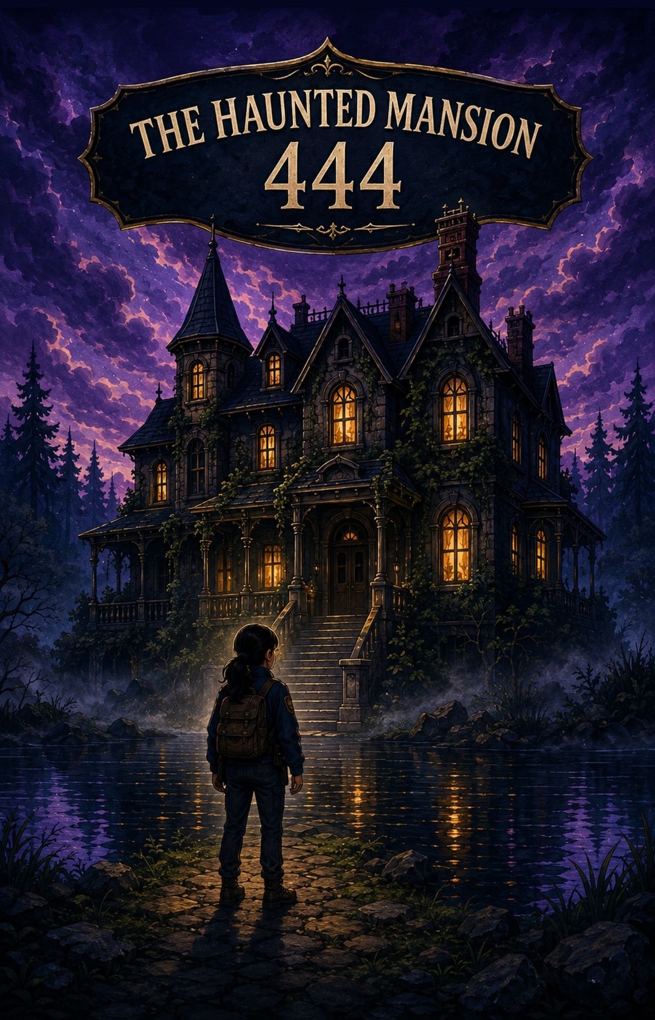 The Haunted Mansion 444 book cover — a gothic purple mansion glowing with light at night
